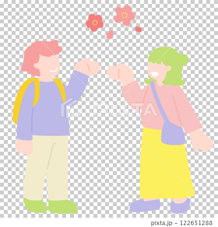 桜[お花見]を楽しむ手のひらを上に向けた男女のフラットなイラスト 122651288