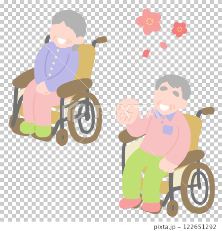 Flat illustration of senior men and women in wheelchairs enjoying cherry blossom viewing 122651292