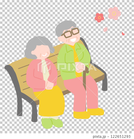 老年男女坐在長椅上欣賞櫻花的平面插圖 122651293