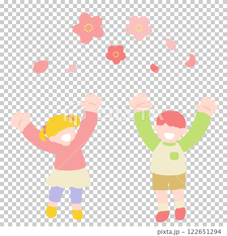 男孩和女孩欣賞櫻花的平面插圖 122651294