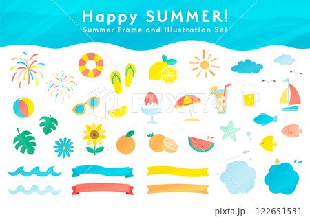 夏や海のテクスチャ感のあるイラストとフレームセット あしらい 飾り 装飾 リボン 夏休み 水彩風 波 夏や海のテクスチャ感のあるイラストとフレームセット あしらい 飾り 装飾 リボン 夏休み 水彩風 波 122651531