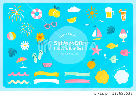 夏や海のテクスチャ感のあるイラストとフレームセット　あしらい　飾り　装飾　リボン　夏休み　水彩風　波 122651533
