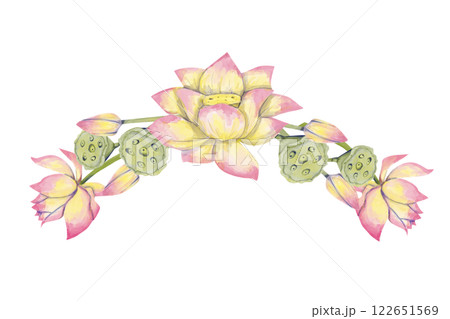 Watercolor Illustration Floral Design with Lotus Plant: Flowers, Closed Buds, Seed Pods, Ready Template Composition for Printing, Web and Textiles 122651569
