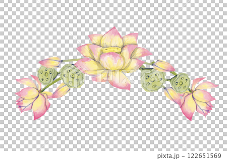 Watercolor Illustration Floral Design with Lotus Plant: Flowers, Closed Buds, Seed Pods, Ready Template Composition for Printing, Web and Textiles 122651569