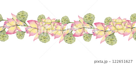 Watercolor Seamless Pattern Border with Flower Buds on Stem, Lotus Plant Seed Pods, for Print, Web and Textile Watercolor Seamless Pattern Border with Flower Buds on Stem, Lotus Plant Seed Pods, for Print, Web and Textile 122651627