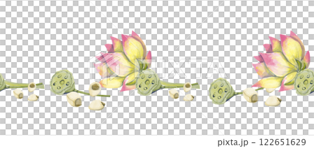 Watercolor Seamless Pattern Border with Flower Buds on Stem, Seed Pods and Seeds of Lotus Plant, for Print, Web and Textile 122651629
