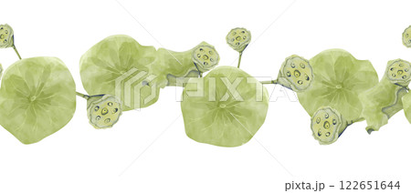 Watercolor Seamless Pattern Border with Leaves and Seed Pods of Lotus Plant, for Print, Web and Textile Watercolor Seamless Pattern Border with Leaves and Seed Pods of Lotus Plant, for Print, Web and Textile 122651644