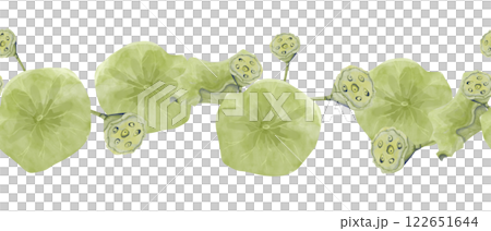 Watercolor Seamless Pattern Border with Leaves and Seed Pods of Lotus Plant, for Print, Web and Textile Watercolor Seamless Pattern Border with Leaves and Seed Pods of Lotus Plant, for Print, Web and Textile 122651644
