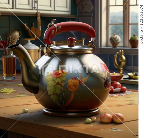 A teapot with a red handle and a floral pattern stands on the kitchen table. 122651674