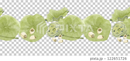 Watercolor Seamless Pattern Border with Leaves, Seed Pods and Seeds of Lotus Plant, for Print, Web and Textile Watercolor Seamless Pattern Border with Leaves, Seed Pods and Seeds of Lotus Plant, for Print, Web and Textile 122651726