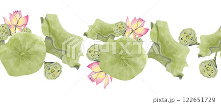 Watercolor Seamless Pattern Border with Leaves, Seed Pods and Flowers of Lotus Plant, for Print, Web and Textile 122651729
