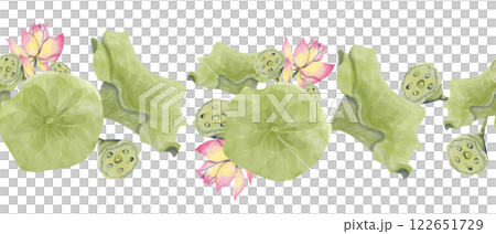 Watercolor Seamless Pattern Border with Leaves, Seed Pods and Flowers of Lotus Plant, for Print, Web and Textile 122651729