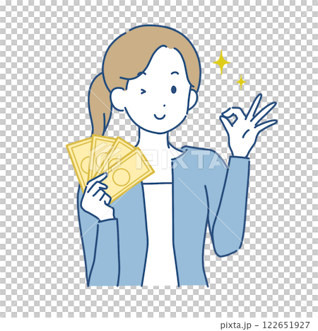 Illustration of a woman holding money and making an OK pose 122651927