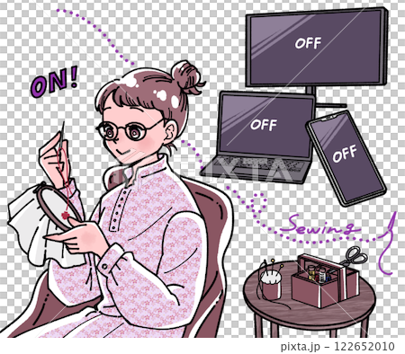 一位女士進行數位排毒和刺繡的插圖 122652010