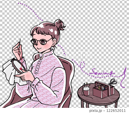 一位女士進行數位排毒和刺繡的插圖 122652011