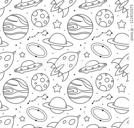 Seamless Pattern of Outer Space Exploration with Floating Astronaut and Planets in Cartoon Flat Design Illustration 122652075