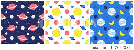 Seamless Pattern of Outer Space Exploration with Floating Astronaut and Planets in Cartoon Flat Design Illustration 122652081