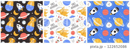 Seamless Pattern of Outer Space Exploration with Floating Astronaut and Planets in Cartoon Flat Design Illustration Seamless Pattern of Outer Space Exploration with Floating Astronaut and Planets in Cartoon Flat Design Illustration 122652086
