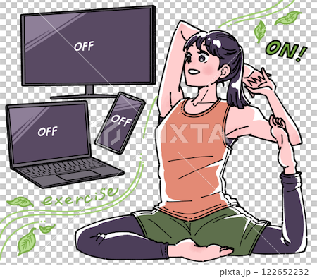 Illustration of a woman doing digital detox and yoga Illustration of a woman doing digital detox and yoga 122652232