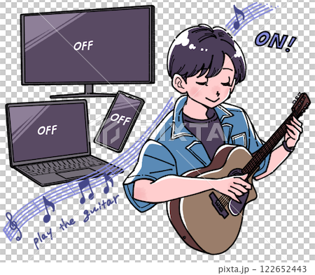 Illustration of a man doing a digital detox and playing the guitar 122652443