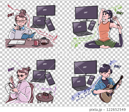 Illustration set of people who detox digitally and enjoy their hobbies and studies 122652549