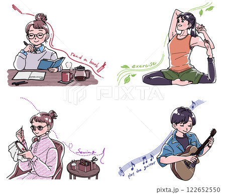 デジタルデトックスして趣味や勉強を楽しむ人物のイラストセット デジタルデトックスして趣味や勉強を楽しむ人物のイラストセット 122652550