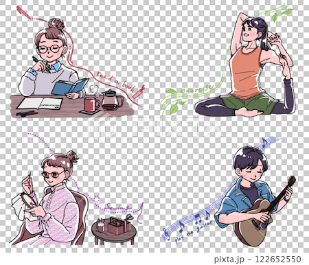デジタルデトックスして趣味や勉強を楽しむ人物のイラストセット デジタルデトックスして趣味や勉強を楽しむ人物のイラストセット 122652550