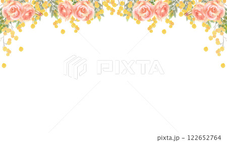 水彩画の薔薇とミモザの花のフレーム 122652764
