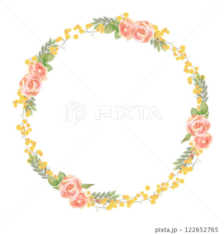 水彩画の薔薇とミモザの花の円形リース 水彩画の薔薇とミモザの花の円形リース 122652765