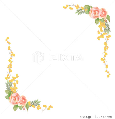 水彩画の薔薇とミモザの花のコーナーフレーム 122652766