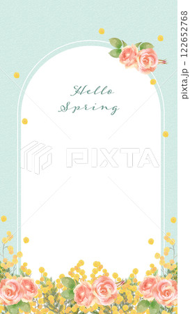 水彩画の薔薇とミモザの花の縦型テンプレート 122652768