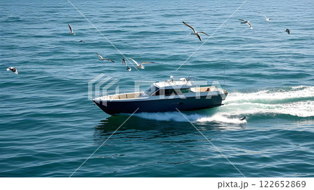 A sleek, modern yacht is cruising on the ocean, surrounded by seagulls. 122652869