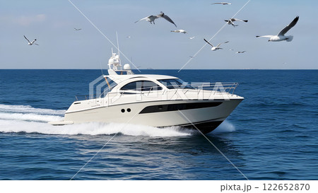 A sleek, modern yacht is cruising on the ocean, surrounded by seagulls. A sleek, modern yacht is cruising on the ocean, surrounded by seagulls. 122652870