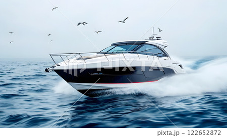 A sleek, modern yacht is cruising on the ocean, surrounded by seagulls. 122652872