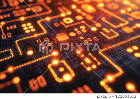 Glowing circuit board with digital patterns 122653012
