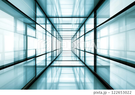 Futuristic glass corridor with abstract reflections 122653022