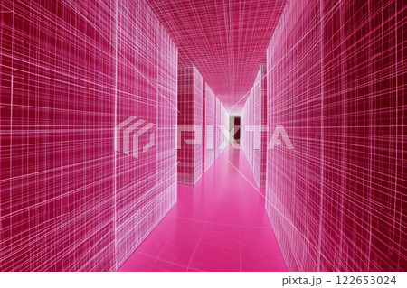 Futuristic pink digital corridor with grid lines 122653024