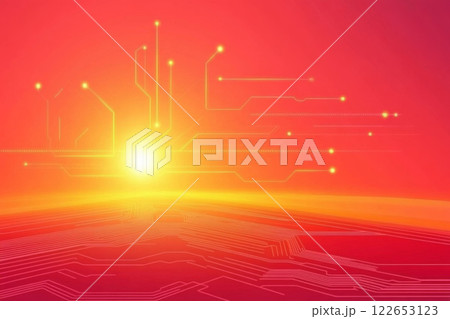 Futuristic digital sunrise with circuit patterns 122653123