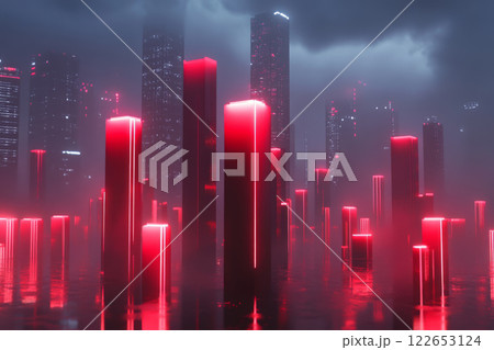 Futuristic cityscape with glowing red lights Futuristic cityscape with glowing red lights 122653124