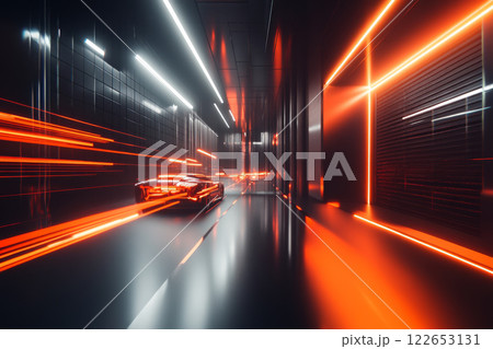 Futuristic car speeding through neon lit tunnel Futuristic car speeding through neon lit tunnel 122653131