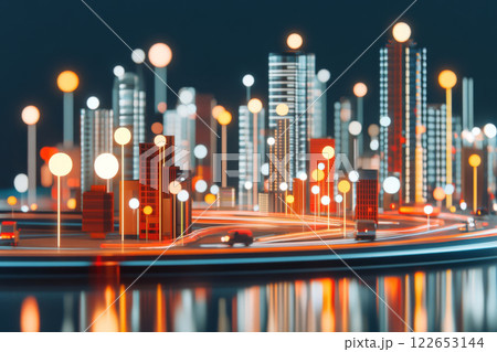 Futuristic cityscape with glowing lights and reflections 122653144