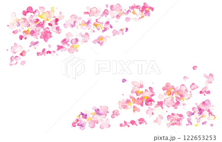 水彩画。水彩タッチの桜の花びら背景。水彩で描いた風に舞う桜の花びら。春の桜背景フレーム。 水彩画。水彩タッチの桜の花びら背景。水彩で描いた風に舞う桜の花びら。春の桜背景フレーム。 122653253