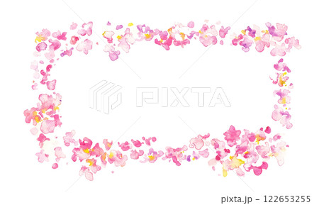 水彩画。水彩タッチの桜の花びら背景。水彩で描いた風に舞う桜の花びら。春の桜背景フレーム。 水彩画。水彩タッチの桜の花びら背景。水彩で描いた風に舞う桜の花びら。春の桜背景フレーム。 122653255