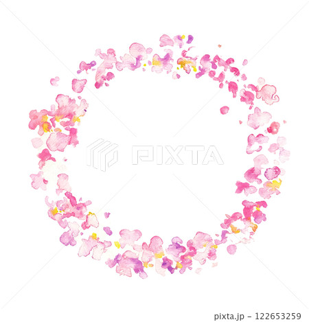 水彩画。水彩タッチの桜の花びら背景。水彩で描いた風に舞う桜の花びら。春の桜背景フレーム。 122653259