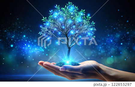 An open human palm holds a sparkling blossoming tree 122653297