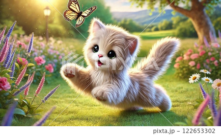 子猫が蝶を追いかける夢のような花畑のワンシーン 122653302