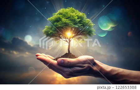Open palm of a man holding a small green tree Open palm of a man holding a small green tree 122653308