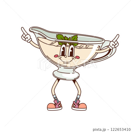 Cartoon groovy bechamel sauce character with funny face, vector comic emoji. Groovy bechamel sauce in creamer pitcher or jug bowl, retro cartoon character with happy smile and cool fingers gesture Cartoon groovy bechamel sauce character with funny face, vector comic emoji. Groovy bechamel sauce in creamer pitcher or jug bowl, retro cartoon character with happy smile and cool fingers gesture 122653410