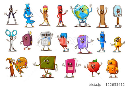 Groovy school education and stationery characters, funny back to school supplies vector personages. Cartoon retro book, pencil, pen and ruler, psychedelic groovy scissors, paint, calculator characters 122653412