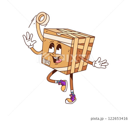 Cartoon groovy delivery cardboard box character wrapping with adhesive tape. Cute mail parcel or post vector retro personage, packing itself for customer. Package order, funny brown cargo freight pack 122653416
